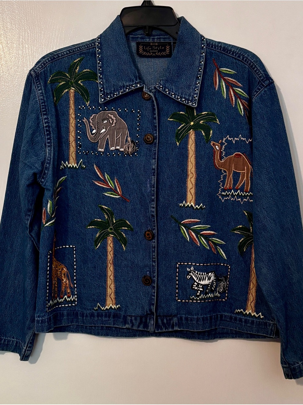 Denim Jacket Vintage Dark Blue Safari themed Embroidered Petite!